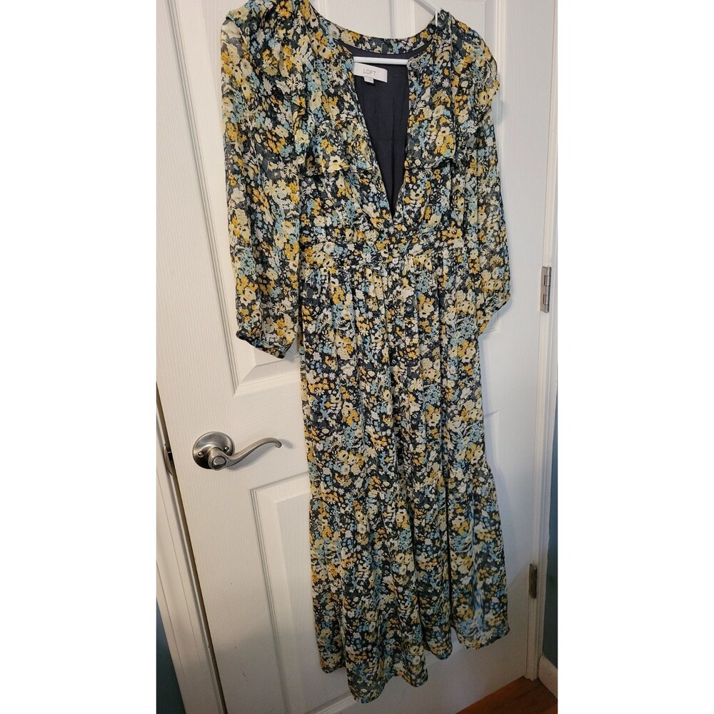 LOFT Floral Chiffon Tiered Ruffle Midi Dress Yellow Blue Small S